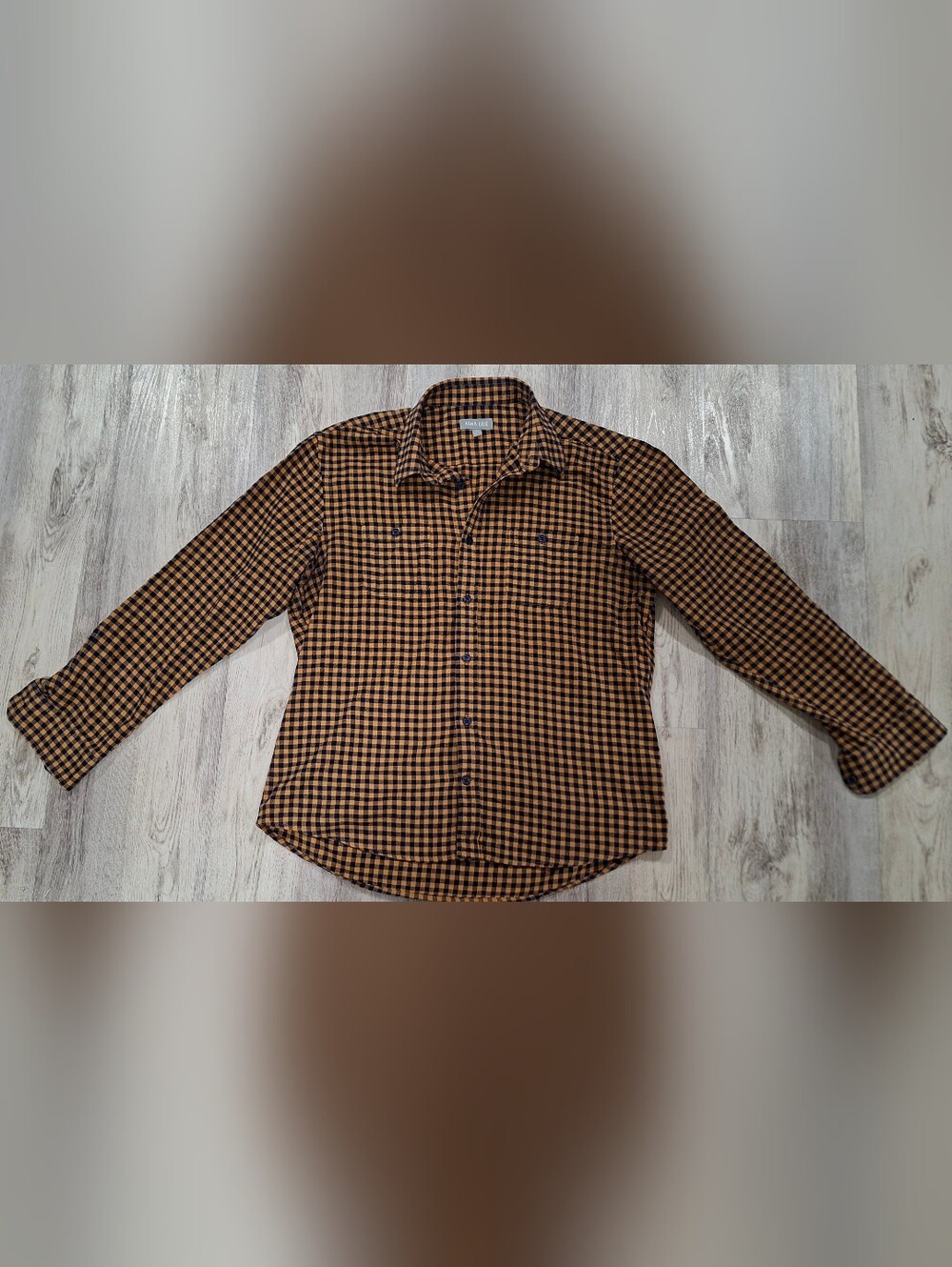 Ash & Erie Men's L Slim Mustard Navy Plaid Flannel Shirt Button Up Fall